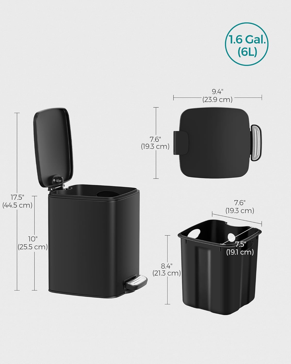 SONGMICS Cos de gunoi pentru baie, cu pedala si soft-close, 6 litri, negru