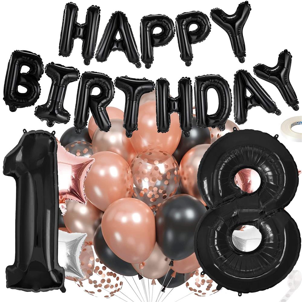 Set 53 baloane si decoratiuni Aniversare Majorat 18 Ani, negru roz