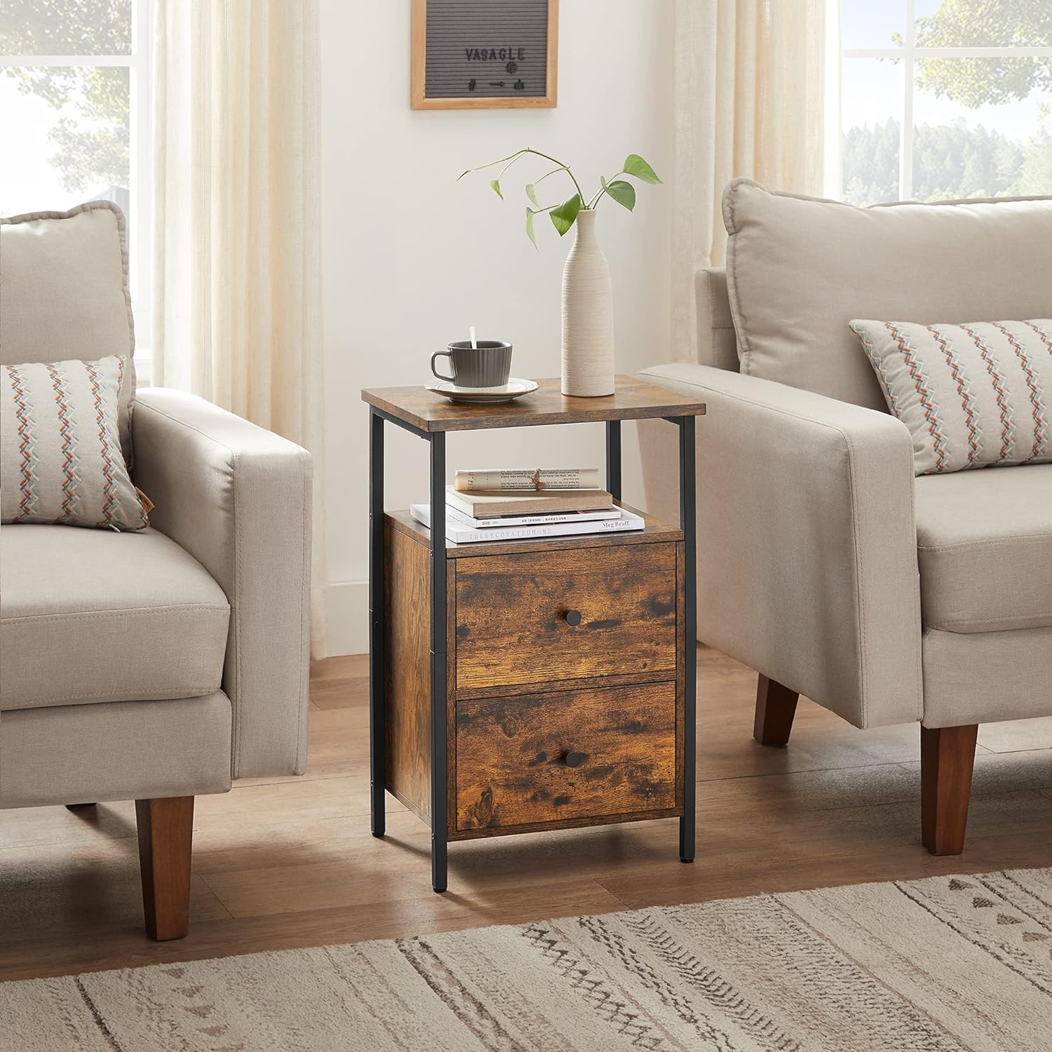 Noptiera cu 2 sertare pentru dormitor, design industrial, 28x38x60cm, maro si negru