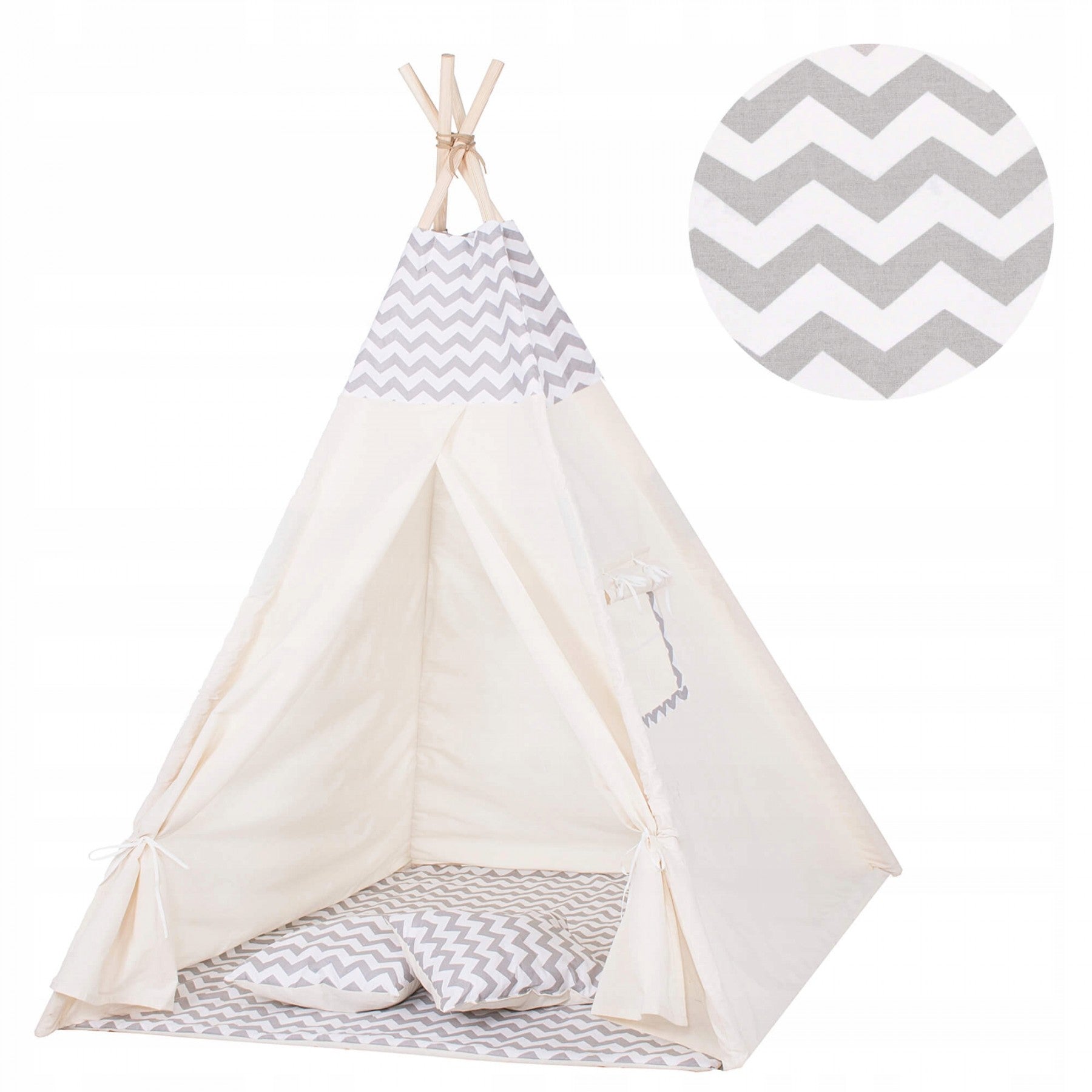 Cort copii Sersimo stil indian Teepee Tent cu fereastra, covoras gros si 2 perne, alb gri deschis zig zag