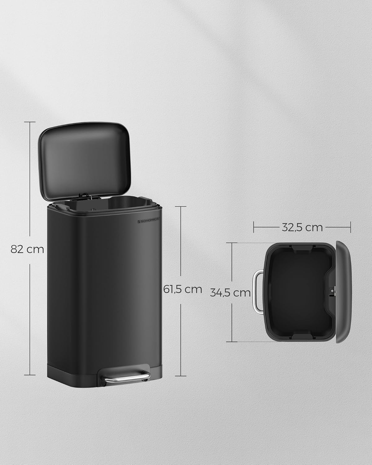 SONGMICS Cos de gunoi din otel, cu pedala si soft-close, galeata interioara, 30 litri, negru - 5