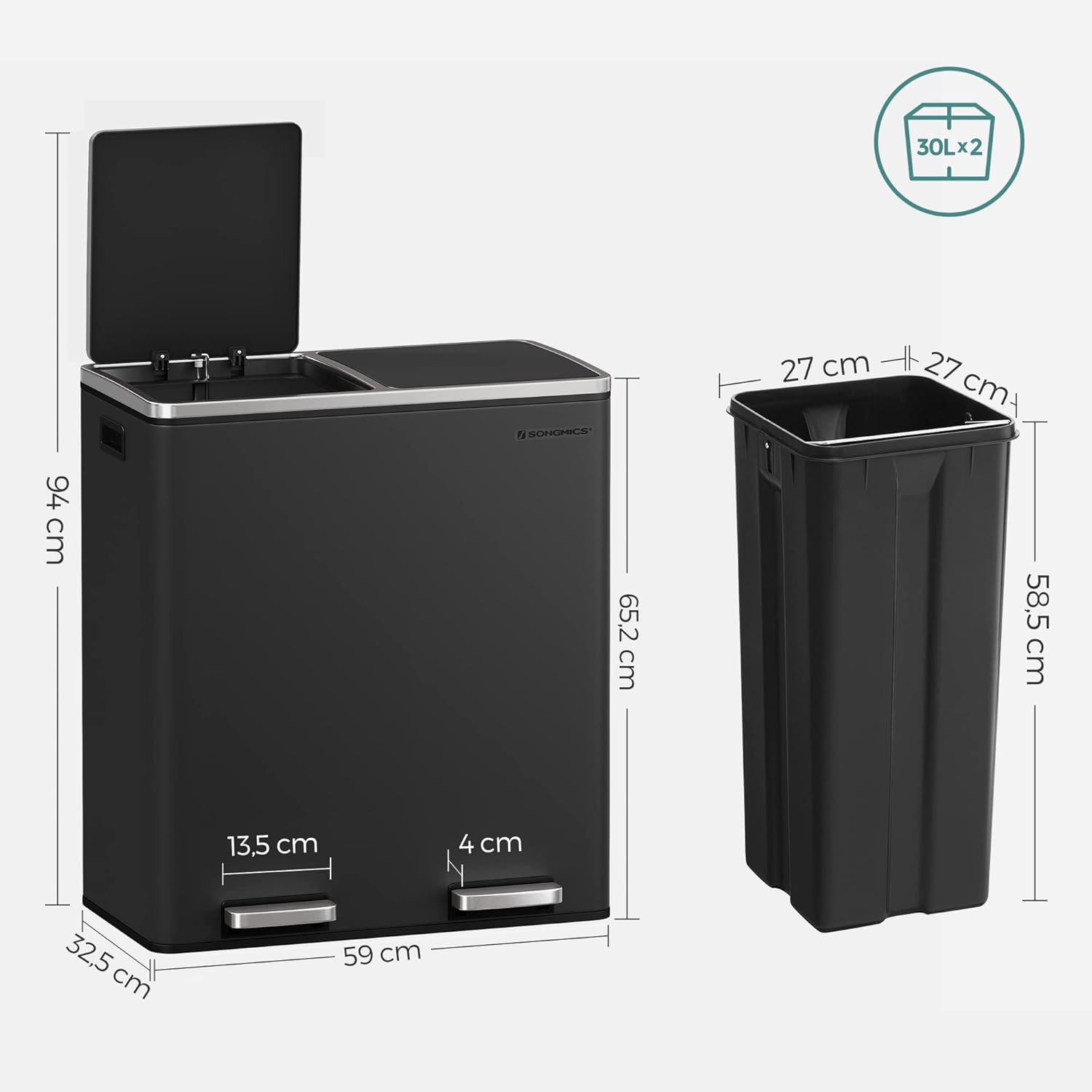 SONGMICS Cos de gunoi din inox cu 2 compartimente colectare selectiva, cu galeti interioare, 2x30litri, negru
