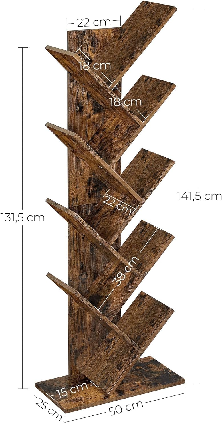 Biblioteca de podea cu 8 etaje, cu rafturi din lemn in forma V, 25x141x50cm, maro rustic