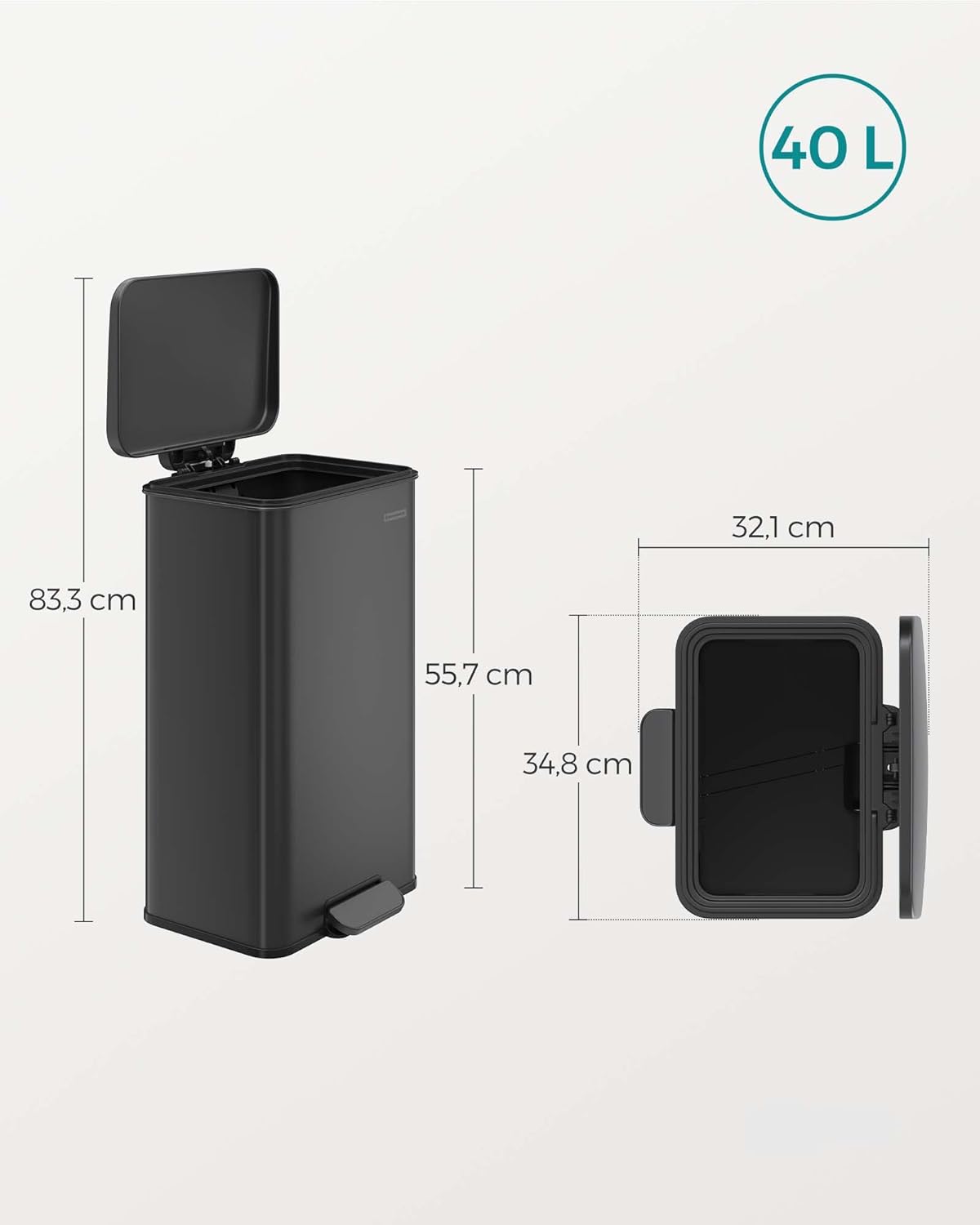 SONGMICS Cos de gunoi din otel, cu pedala si soft-close, saci gunoi inclusi, 40 litri, negru