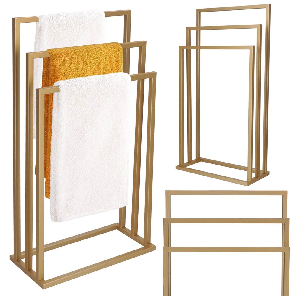 Suport metalic de baie pentru prosoape, cu 3 standuri, 86 cm, auriu mat