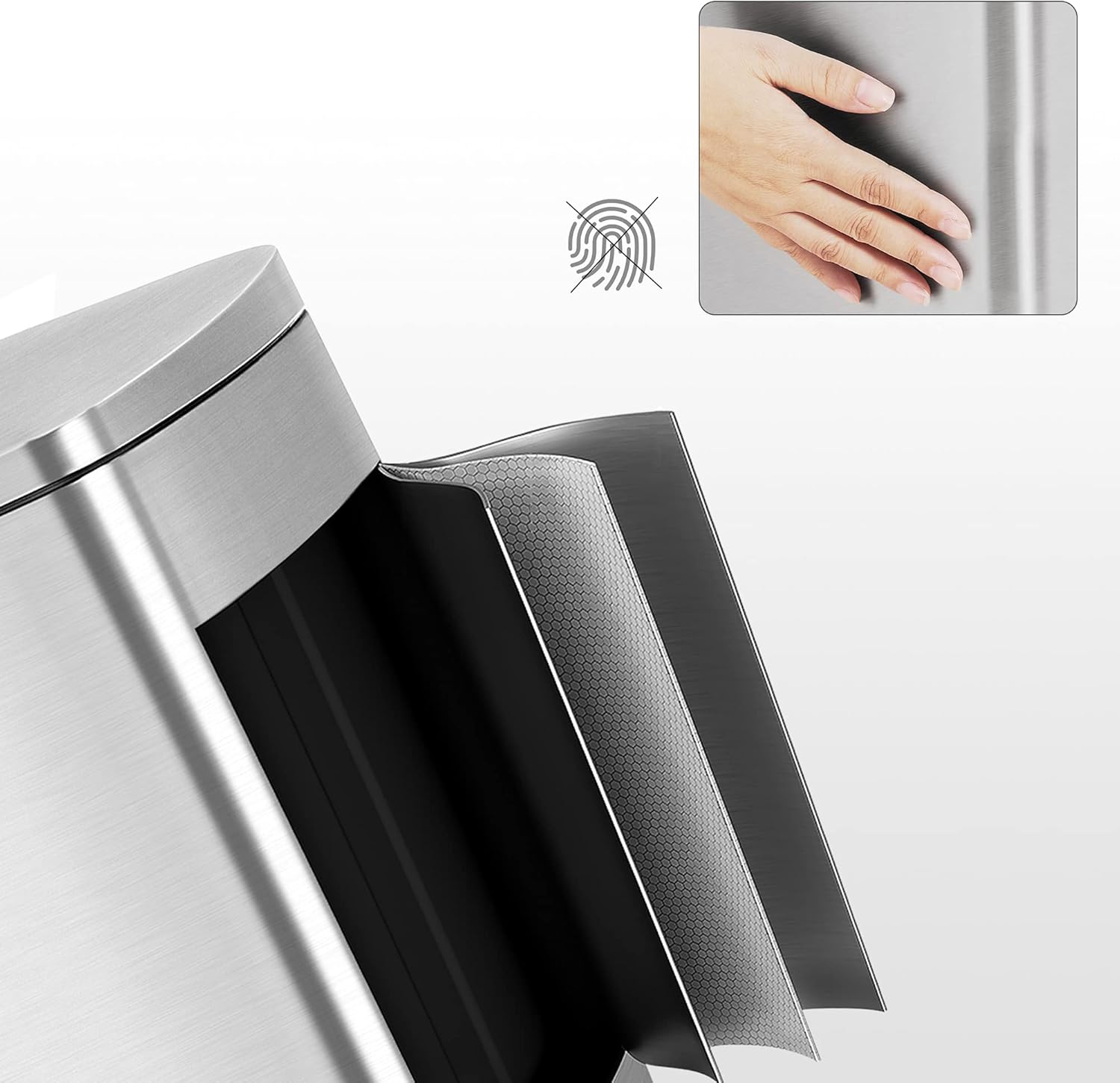 SONGMICS Cos de gunoi din otel, cu pedala si soft-close, galeata interioara, 50 litri, argintiu