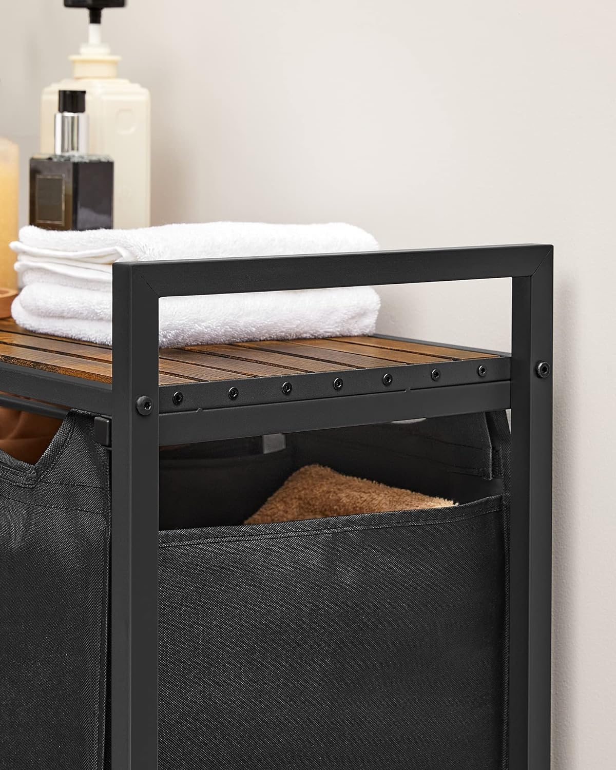 VASAGLE Cos de rufe, 3 compartimente, saci de rufe detasabili, raft, cadru metalic, 3x38L, 93x33x72 cm, maro rustic si negru - 5