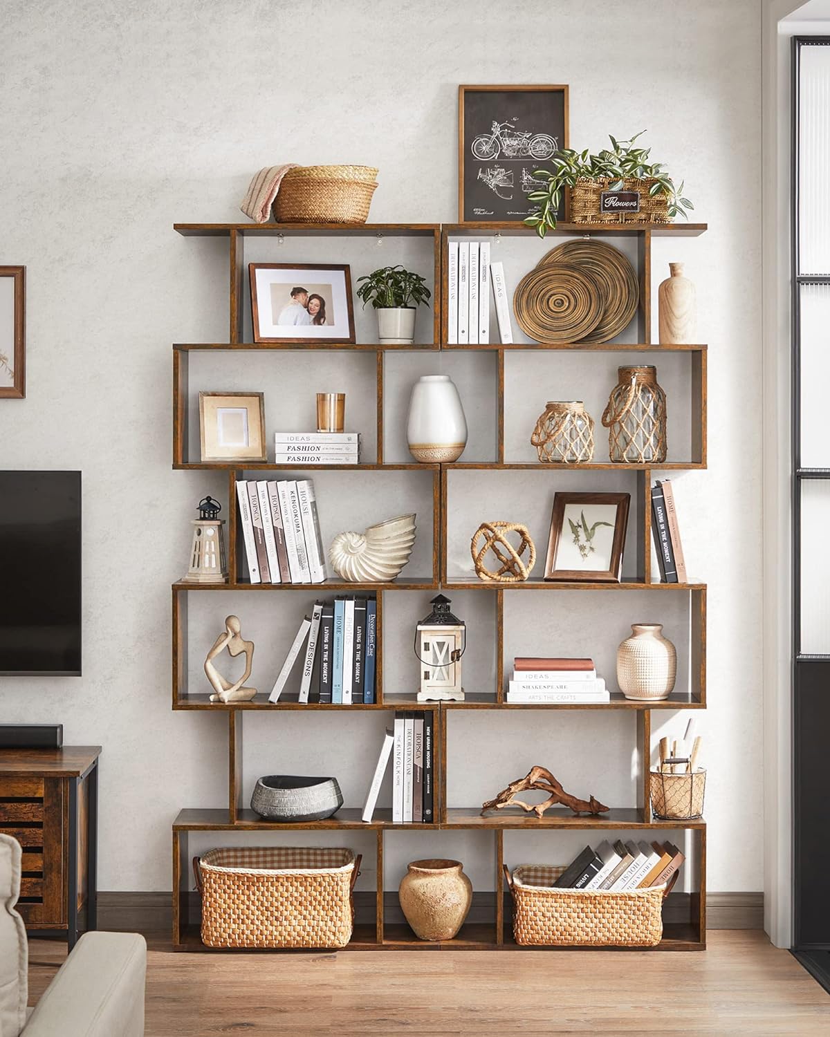 VASAGLE Biblioteca, raft cu 6 unitati de depozitare, pentru living, din lemn, 24x190x70cm, maro rustic