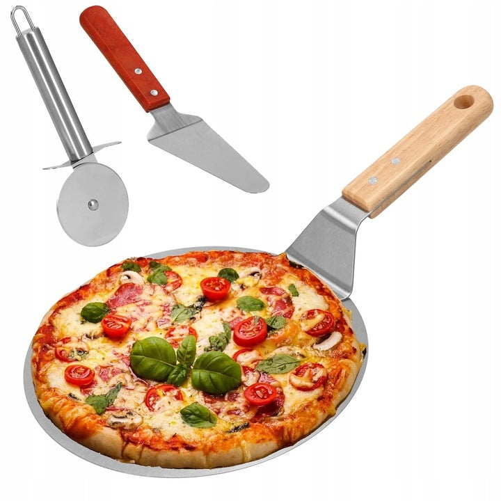 Set 3 accesorii pentru pizza, tava, spatula si taietor, inox cu manere din lemn
