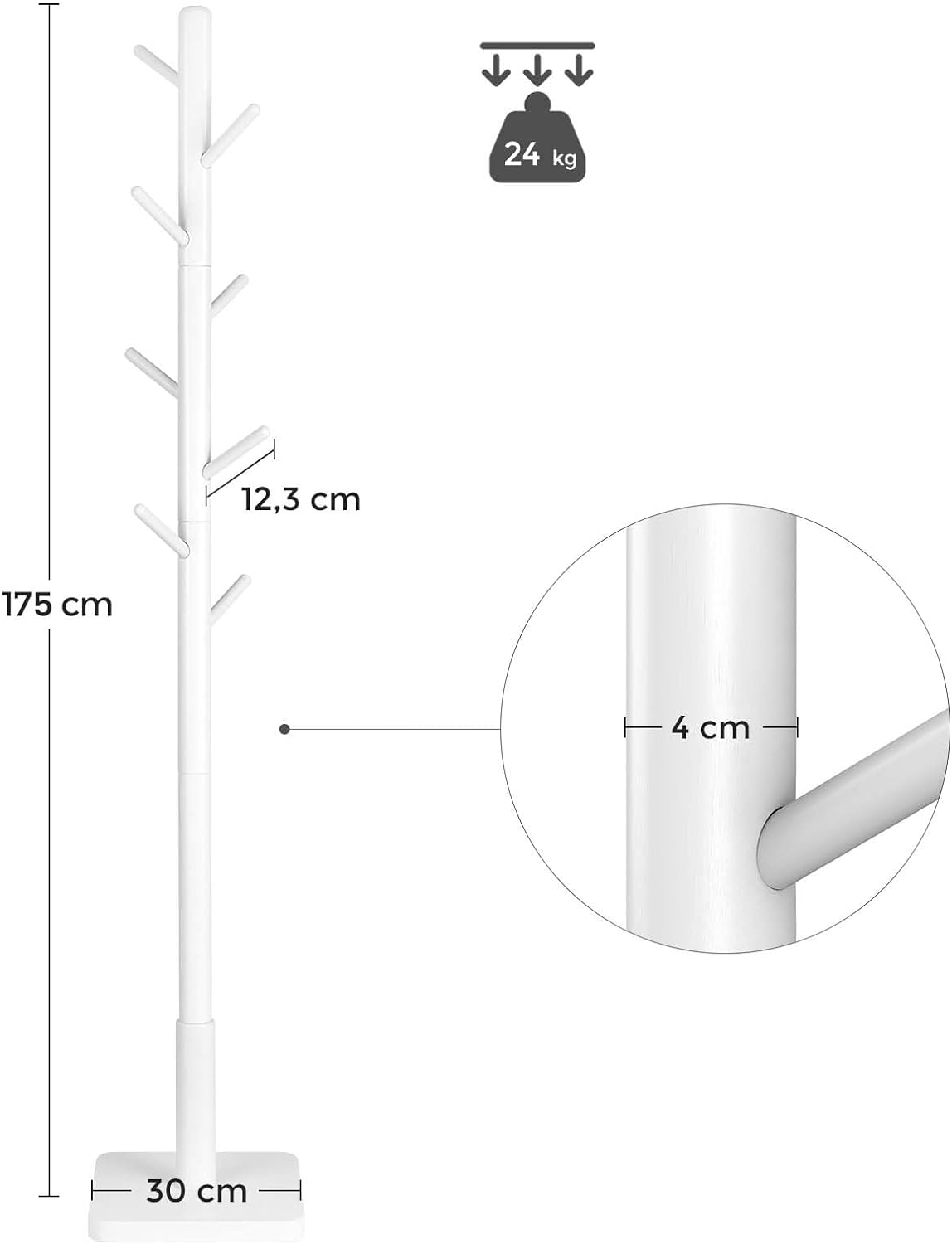 VASAGLE Cuier pentru haine, din lemn masiv, tip pom, cu 8 carlige, baza patrata, 175cm, alb - 5
