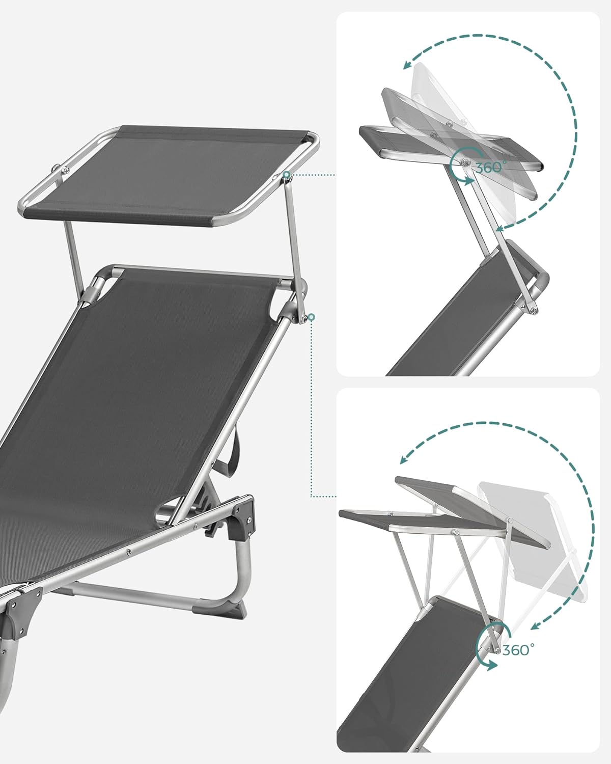 SONGMICS Sezlong pliabil, cu parasolar, spatar reglabil in 5 pozitii, maxim 150kg, 193x55x31cm, gri