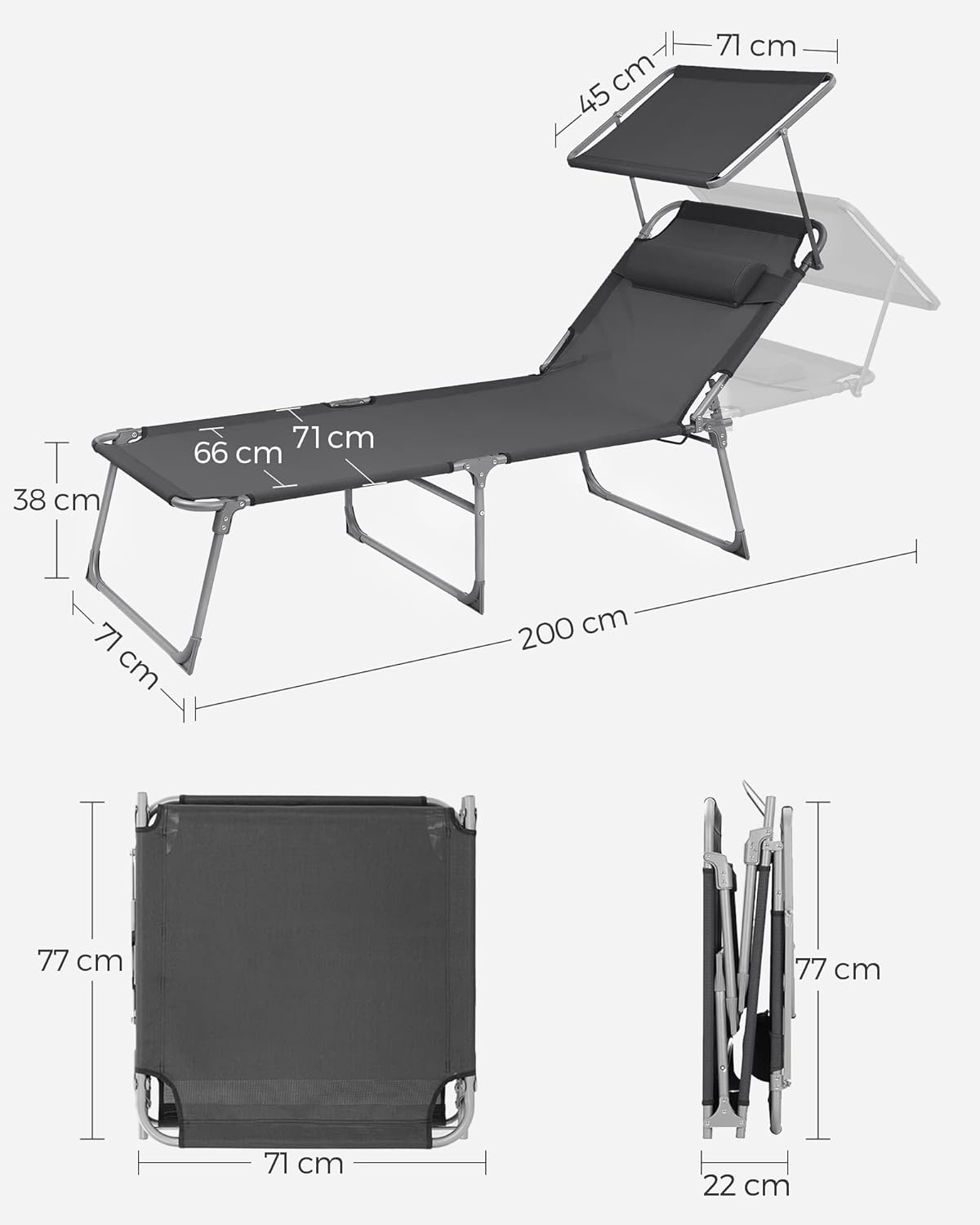 SONGMICS Sezlong pliabil, cu parasolar si tetiera, spatar reglabil in 4 pozitii, maxim 150kg, 200x71x38cm, gri