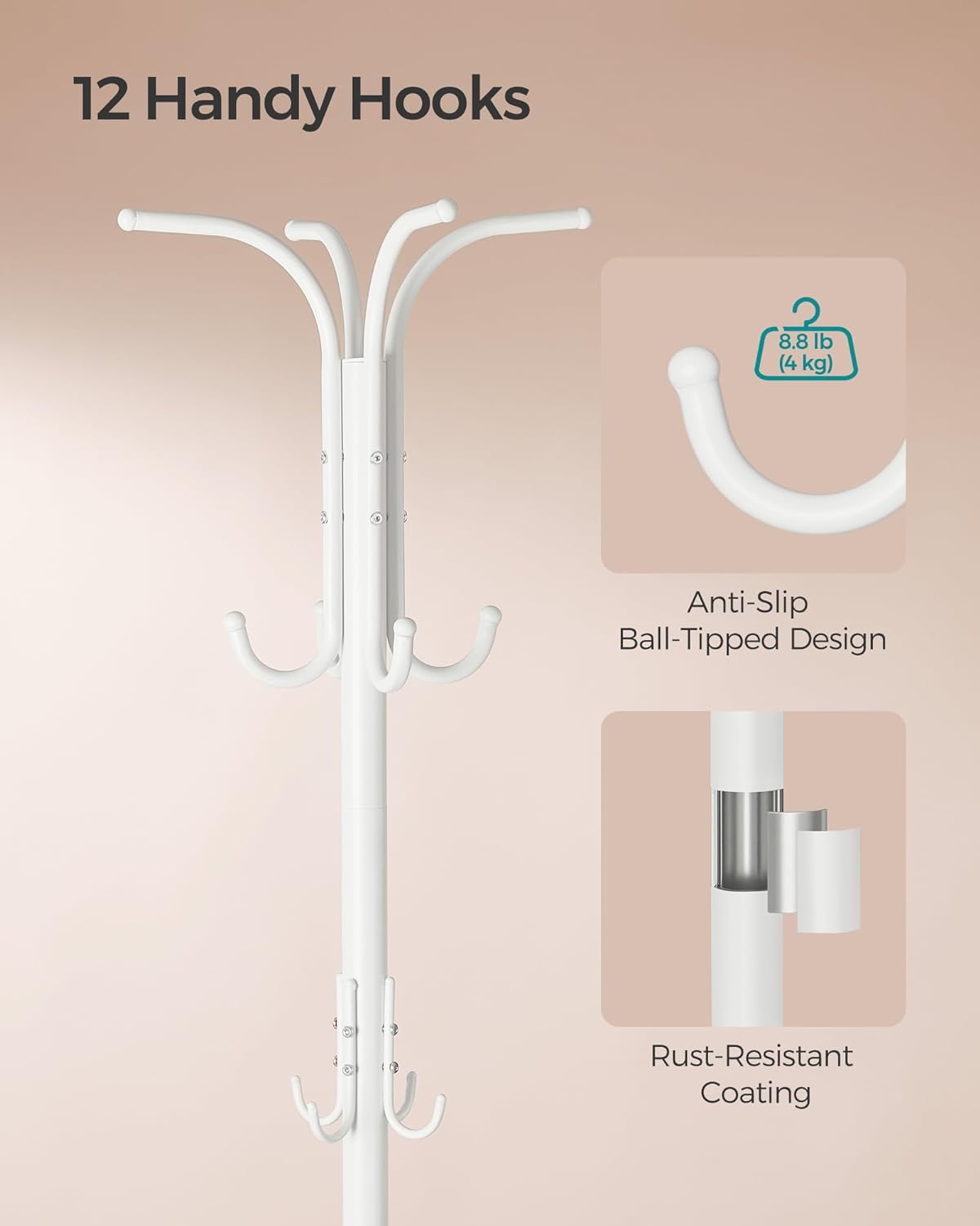 SONGMICS Cuier pentru haine, cu suport de umbrele, 12 agatatori, 175 cm, alb