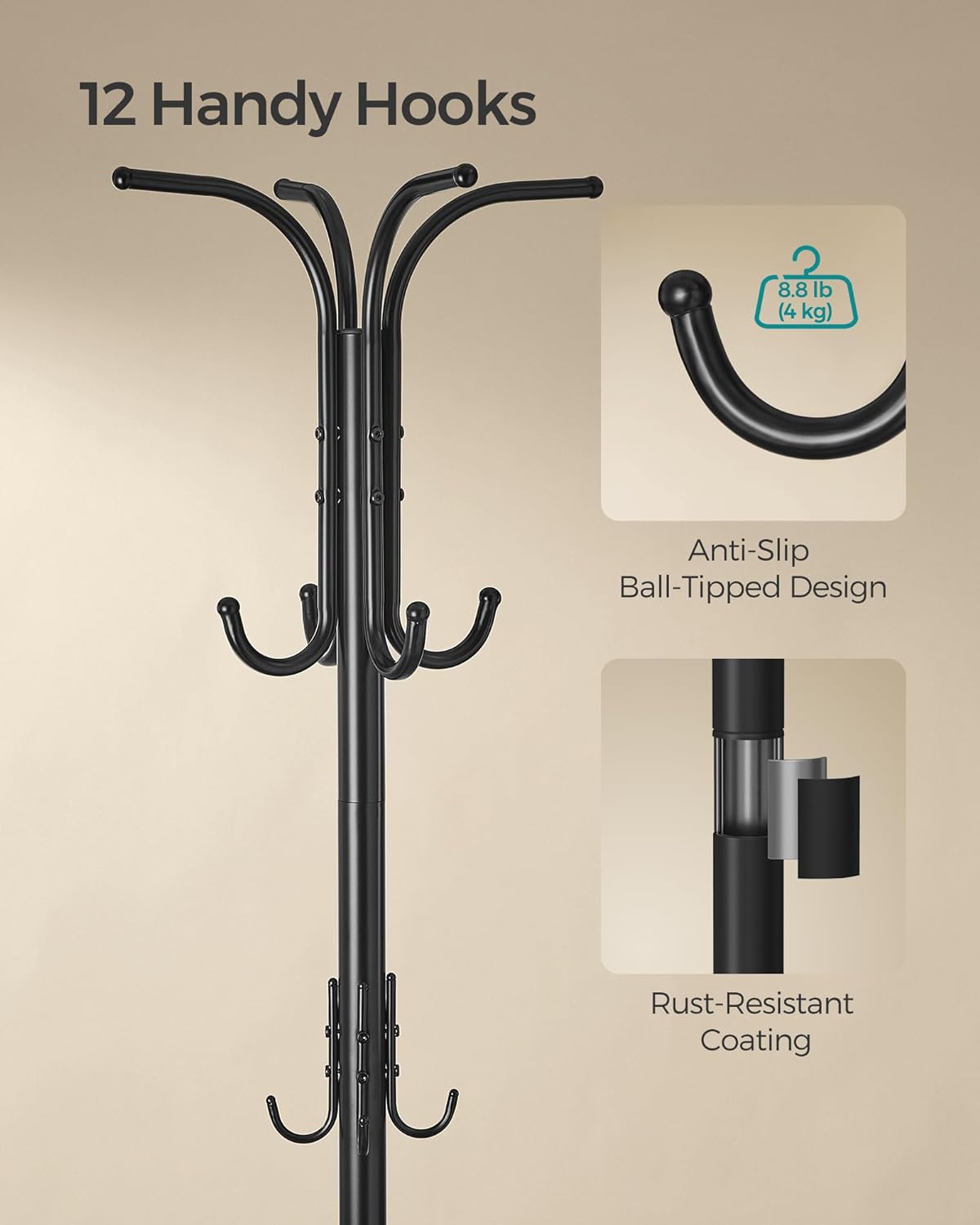 SONGMICS Cuier pentru haine, cu suport de umbrele, 12 agatatori, 175 cm, negru