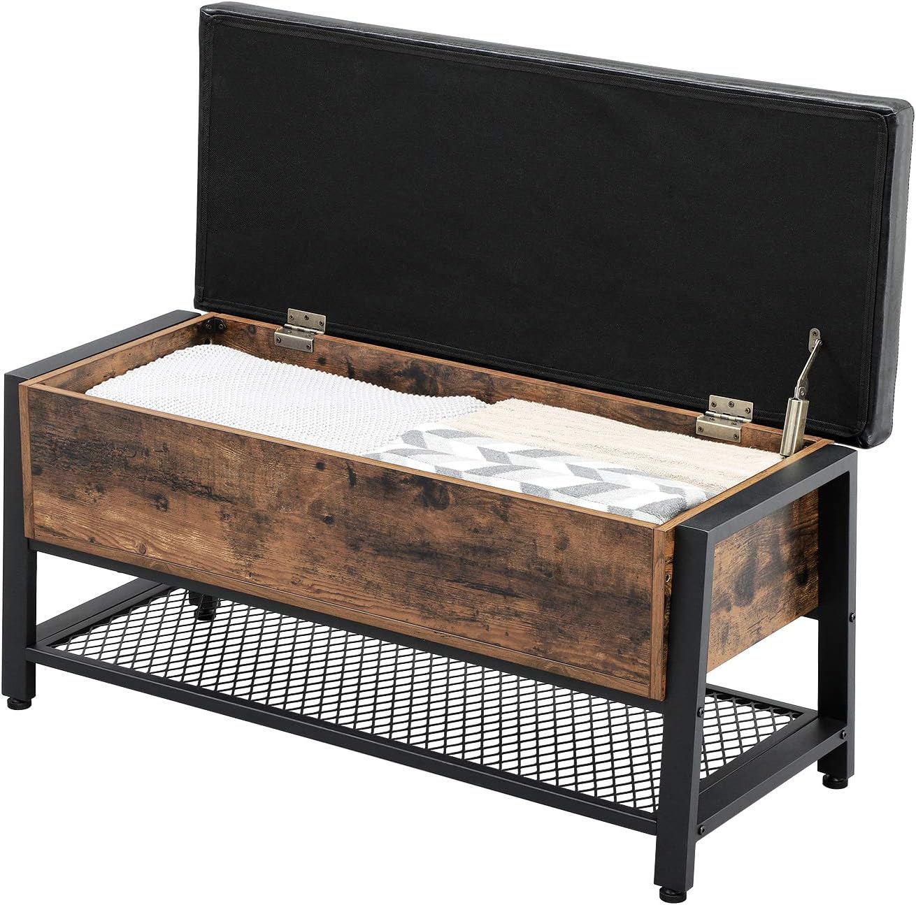 VASAGLE Pantofar de lemn cu spatiu de depozitare tip banca, cu sezut captusit si polita depozitare, stil industrial, 100x40x47cm, maro rustic si negru