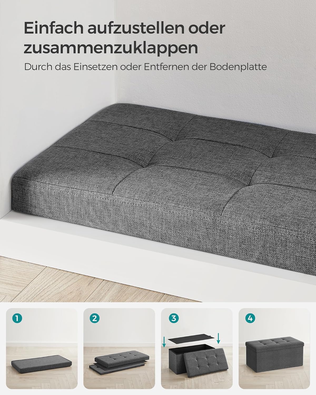 SONGMICS Taburet pliabil cu sezut moale, spatiu de depozitare 80litri, maxim 300kg, 76x38x38cm, gri inchis