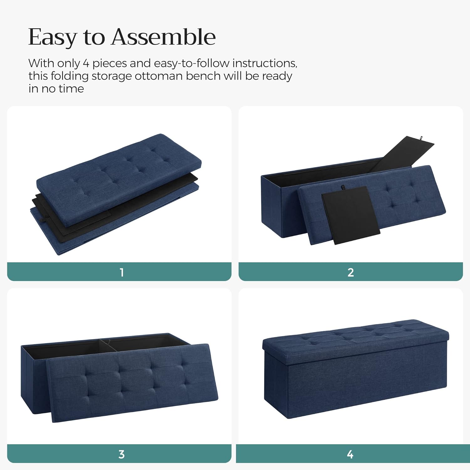 Taburet pliabil cu sezut moale, spatiu de depozitare 131litri, maxim 300kg, 110x38x38cm, albastru inchis