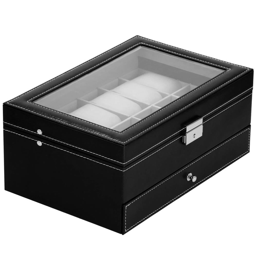 Cutie depozitare si organizare ceasuri si alte accesorii, MDF, piele ecologica, 30x20x13cm, negru