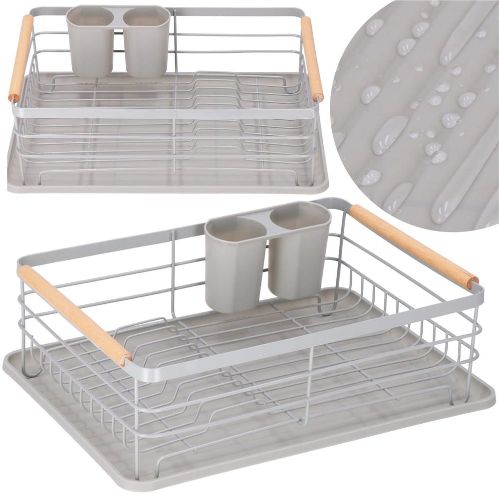 Uscator de vase cu suport tacamuri, din otel, cu tava de scurgere, manere lemn, 42x32x15cm, gri