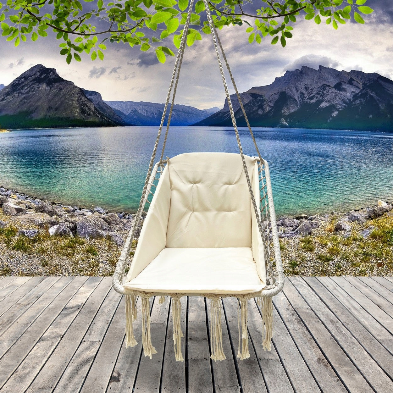 Scaun patrat tip leagan suspendat cu perna pentru casa sau gradina, 60x65x115cm, bej