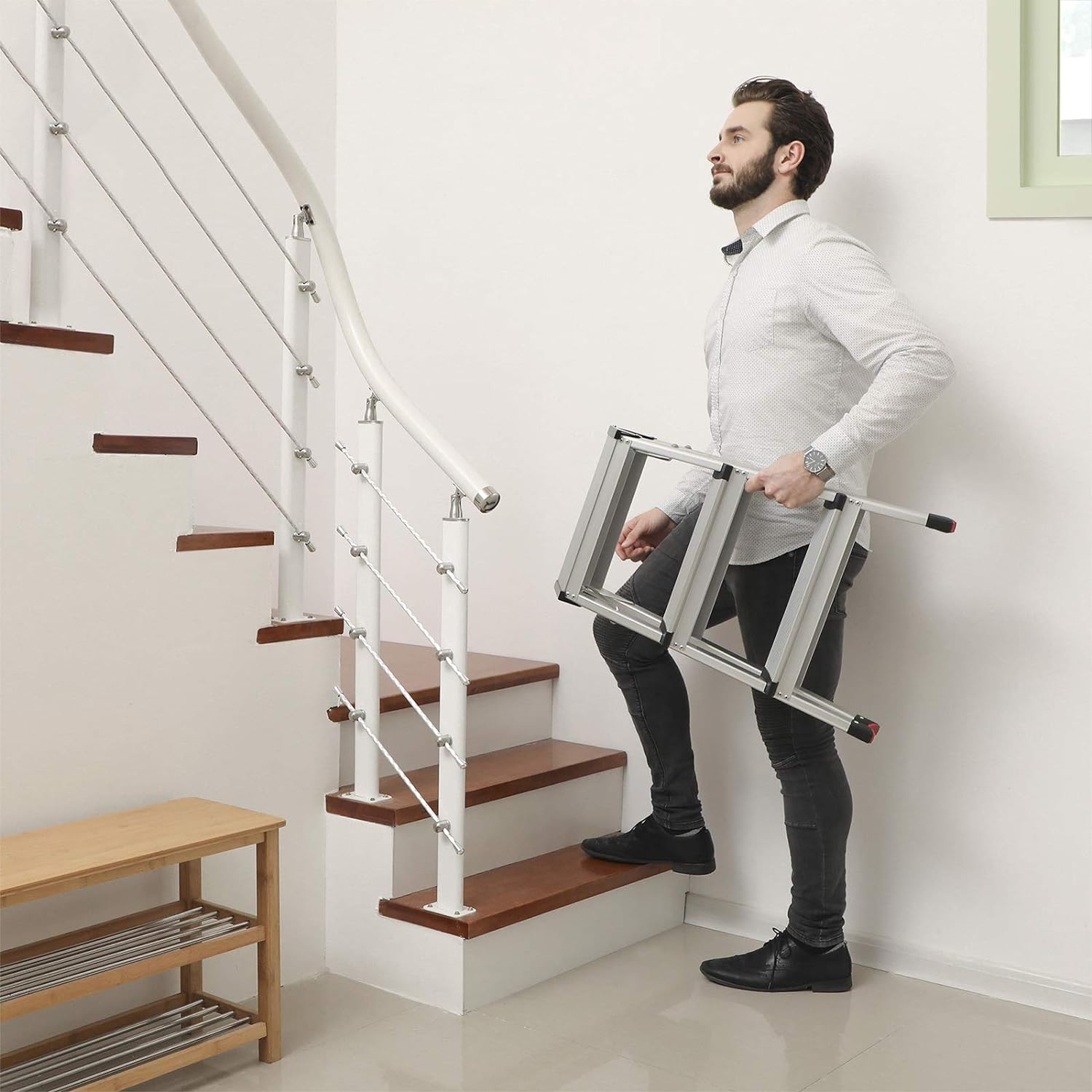 SONGMICS Scara dubla din aluminiu, multifunctionala, sarcina 150kg, cu 3 trepte, 59x44x62cm - 5