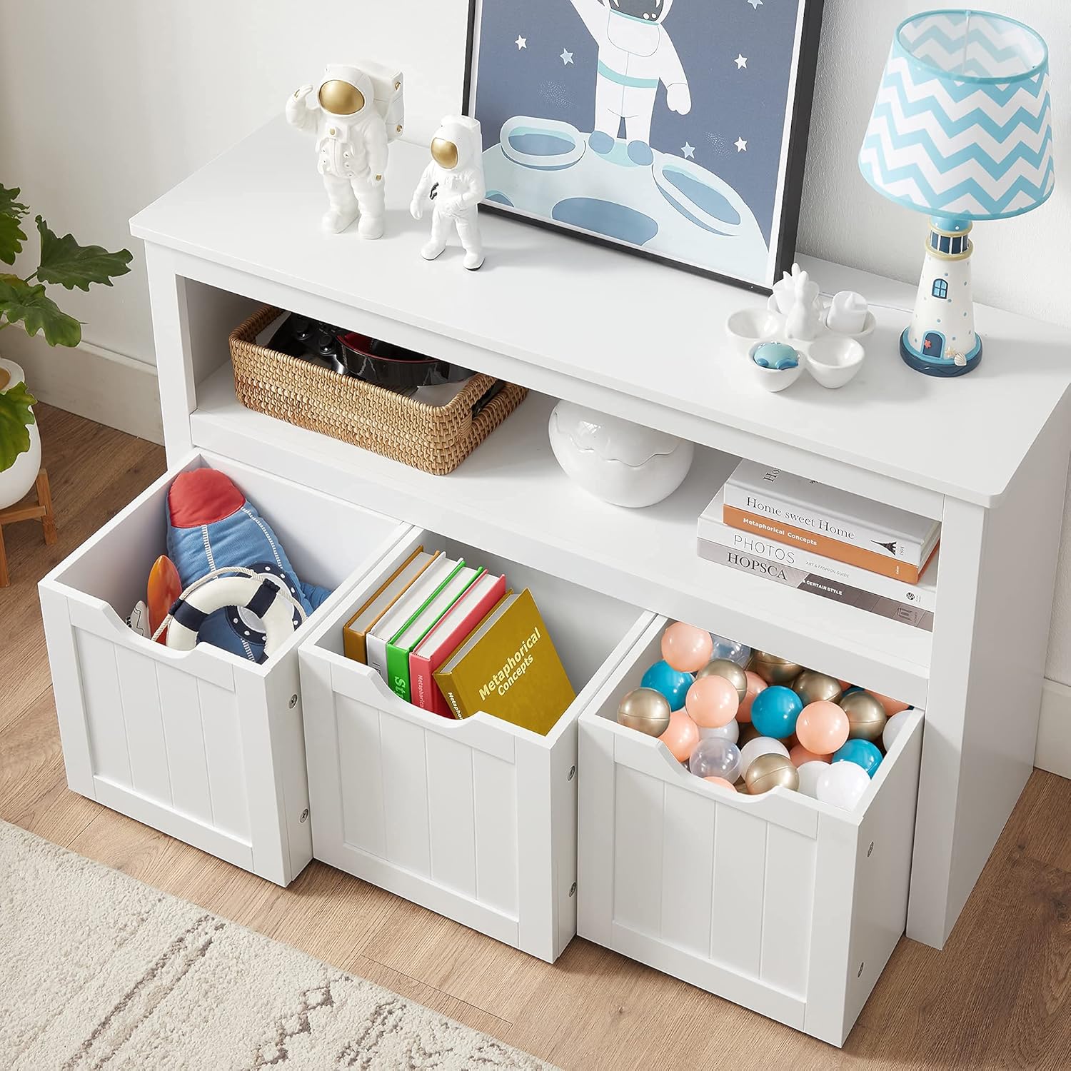 VASAGLE Comoda cu spatiu depozitare jucarii, 3 dulapuri mobile, 102x30x60 cm, alb - 5