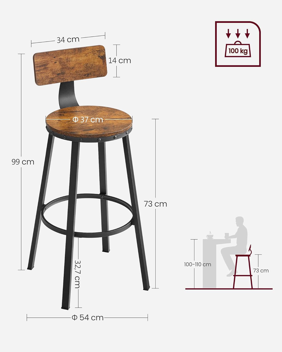 VASAGLE Set de 2 scaune de bar inalte cu spatar, cadru din otel, industrial, 54x99cm, maro rustic - 5