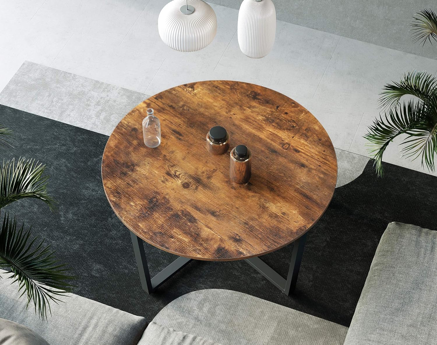 Masa de cafea rotunda, stil industrial, cadru metalic si blat lemn, 88x88x47cm, maro rustic si negru