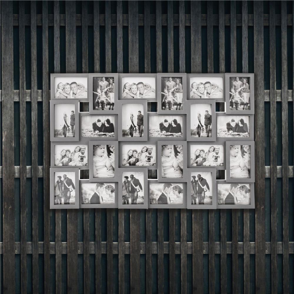 Rama foto de perete, colaj de 24 fotografii, 57x86cm, gri