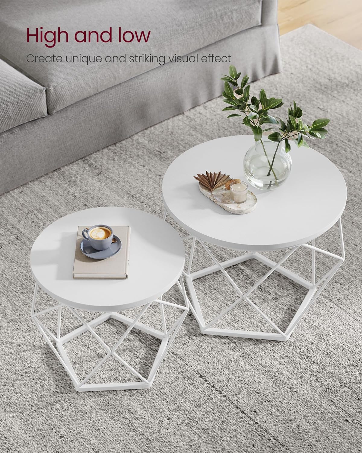 VASAGLE Set de 2 mese de cafea rotunde, cadru otel si blat detasabil, 40cm si 50cm, alb - 5