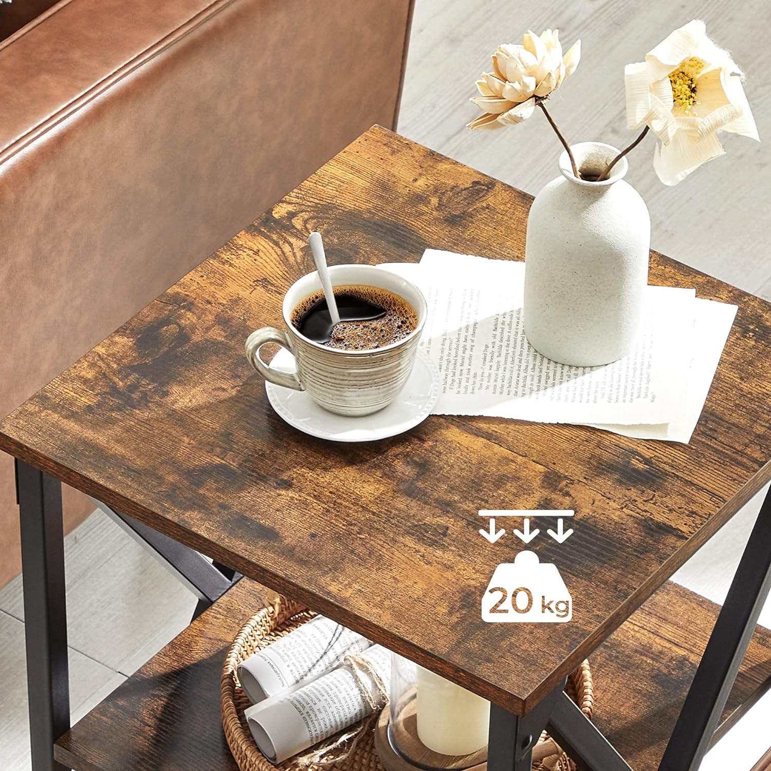 VASAGLE Noptiera mica din metal cu design in forma de X, 2 rafturi de depozitare, stil industrial, 40x40x60cm, maro rustic