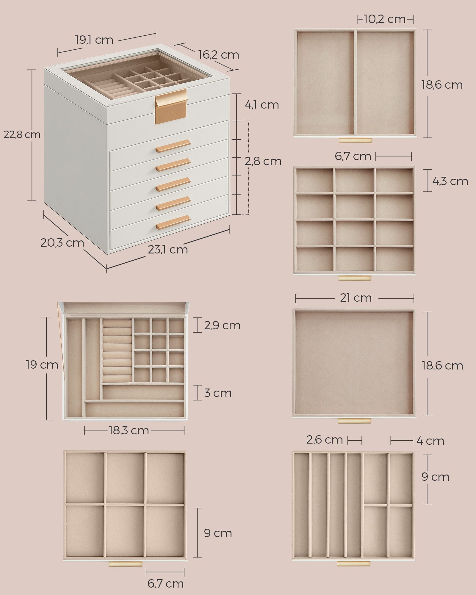 SONGMICS Cutie de bijuterii cu 6 nivele, 45 compartimente, capac sticla, 20x23x23 cm, alb