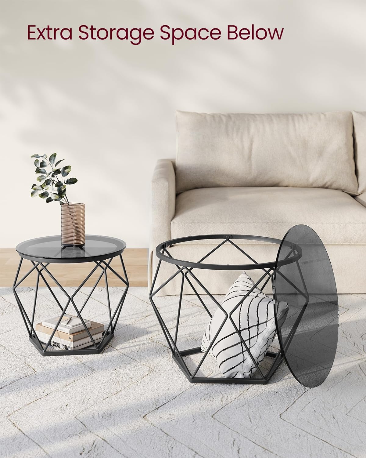 VASAGLE Set de 2 mese de cafea rotunde, cadru otel si blat detasabil din sticla, 40cm si 50cm, negru