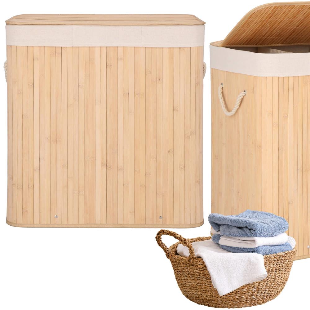 Cos de rufe din bambus, pliabil, cu captuseala detasabila lavabila, 3 compartimente, 150L, 63x42x62cm, maro