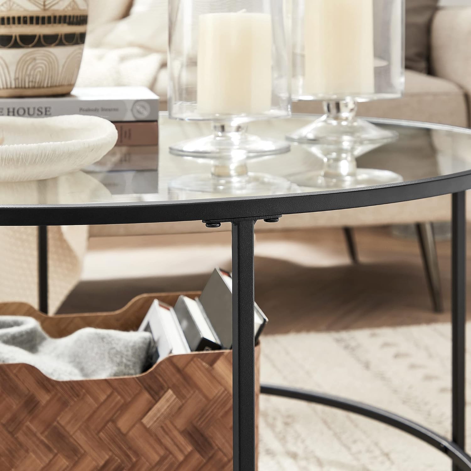 VASAGLE Masa de cafea rotunda, din sticla securizata cu cadru metalic, 84x84x45cm, negru