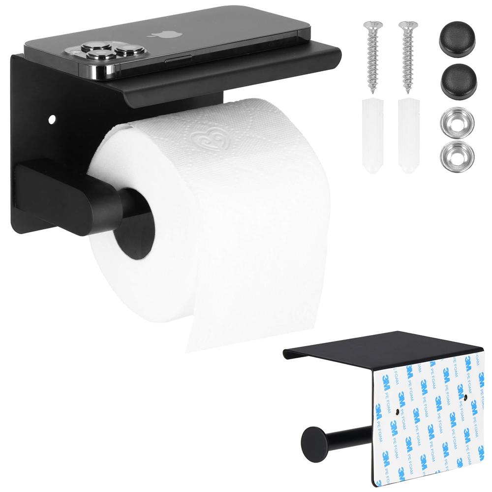 Suport hartie igienica din otel cu raft depozitare, prindere fara gaurire, 14cm, negru