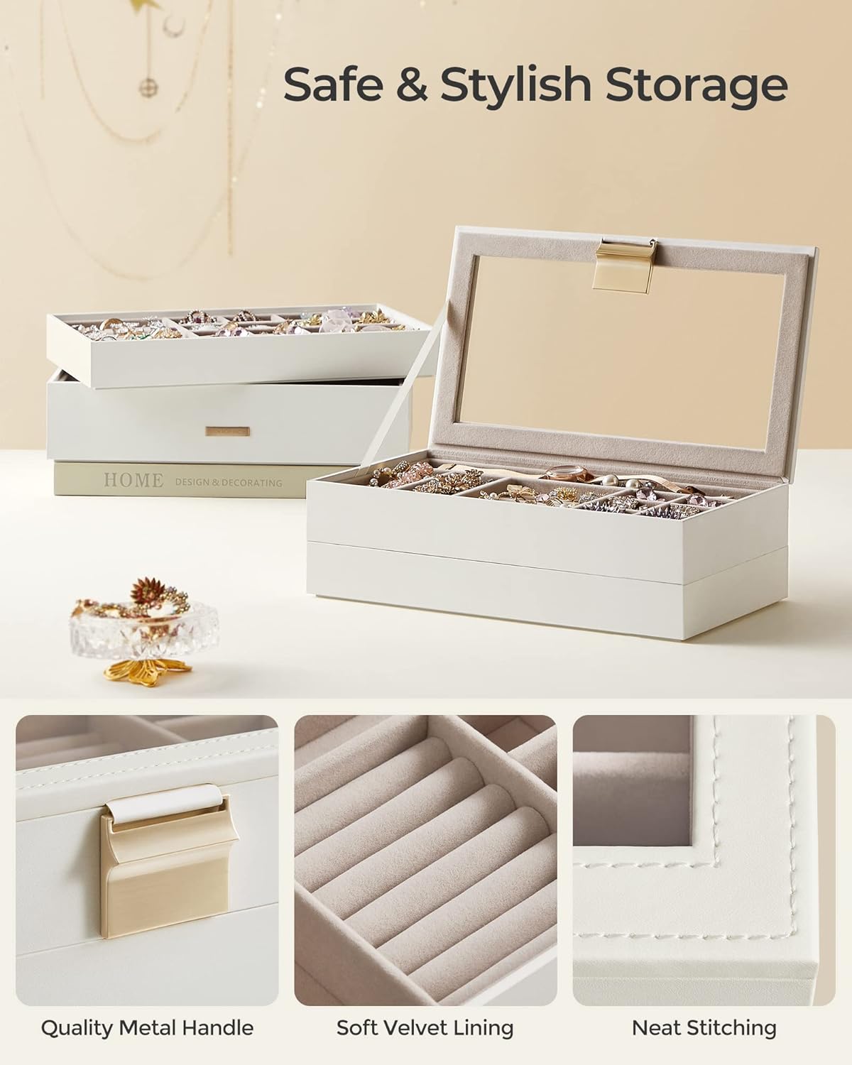 SONGMICS Cutie de bijuterii cu 4 nivele detasabile, MDF si PU, capac sticla, 17x28x18 cm, alb
