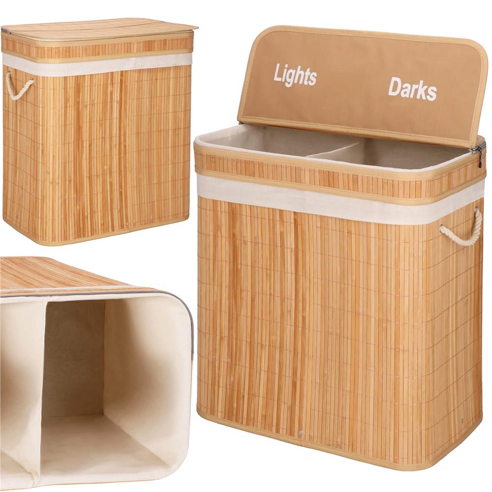 Cos de rufe din bambus cu capac, 2 compartimente, sac detasabil, volum 100L, 53x32x62cm, maro