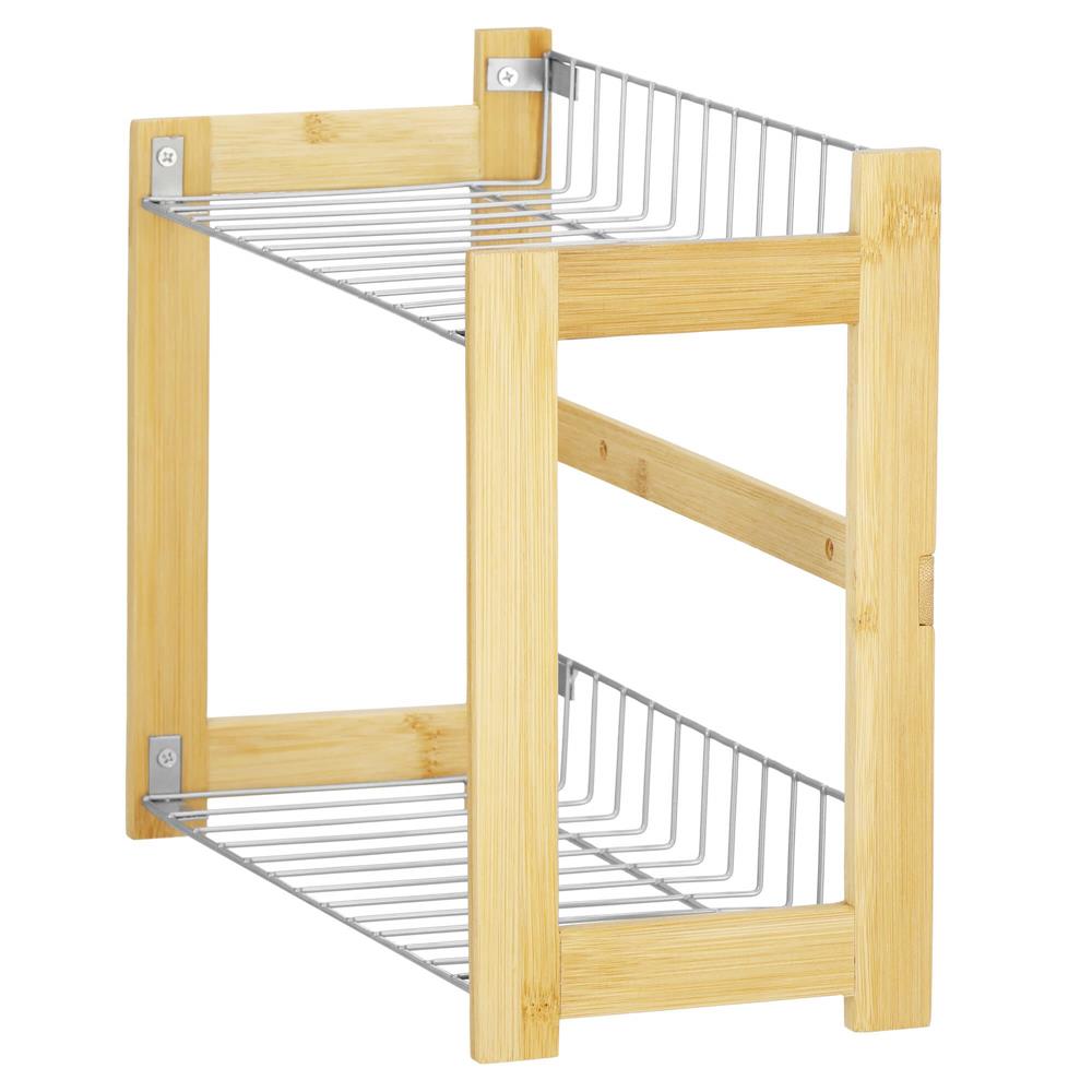 Suport organizator multifunctional cu 2 etaje, bambus si metal, 33x14x25cm