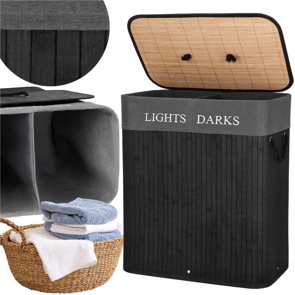 Cos de rufe din bambus cu capac, 2 compartimente, sac detasabil, volum 100L, 54x34x60cm, negru