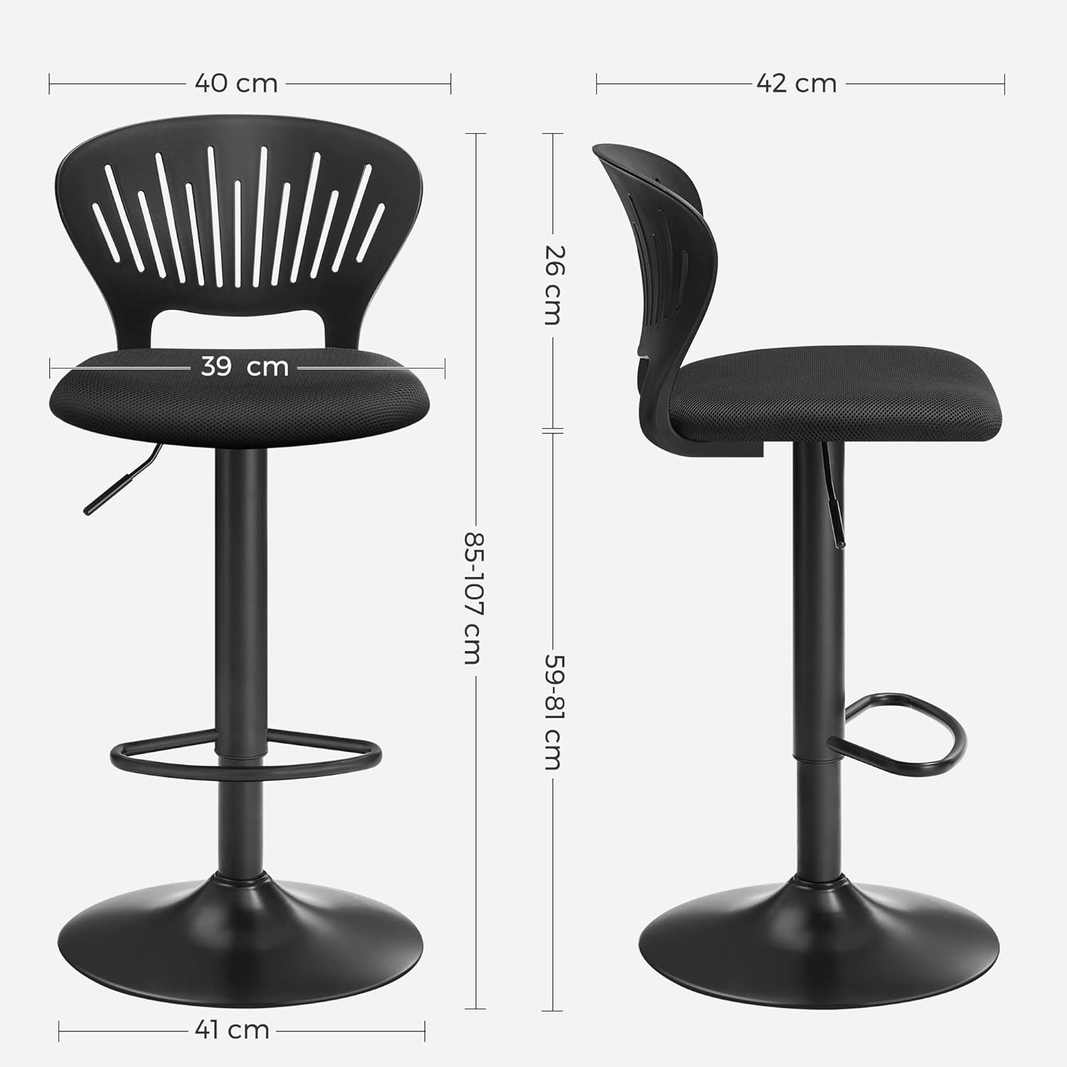SONGMICS Set 2 scaune de bar captusite, reglabile, cu spatar si suport pentru picioare, rotatie la 360, 39x42x107cm, negru