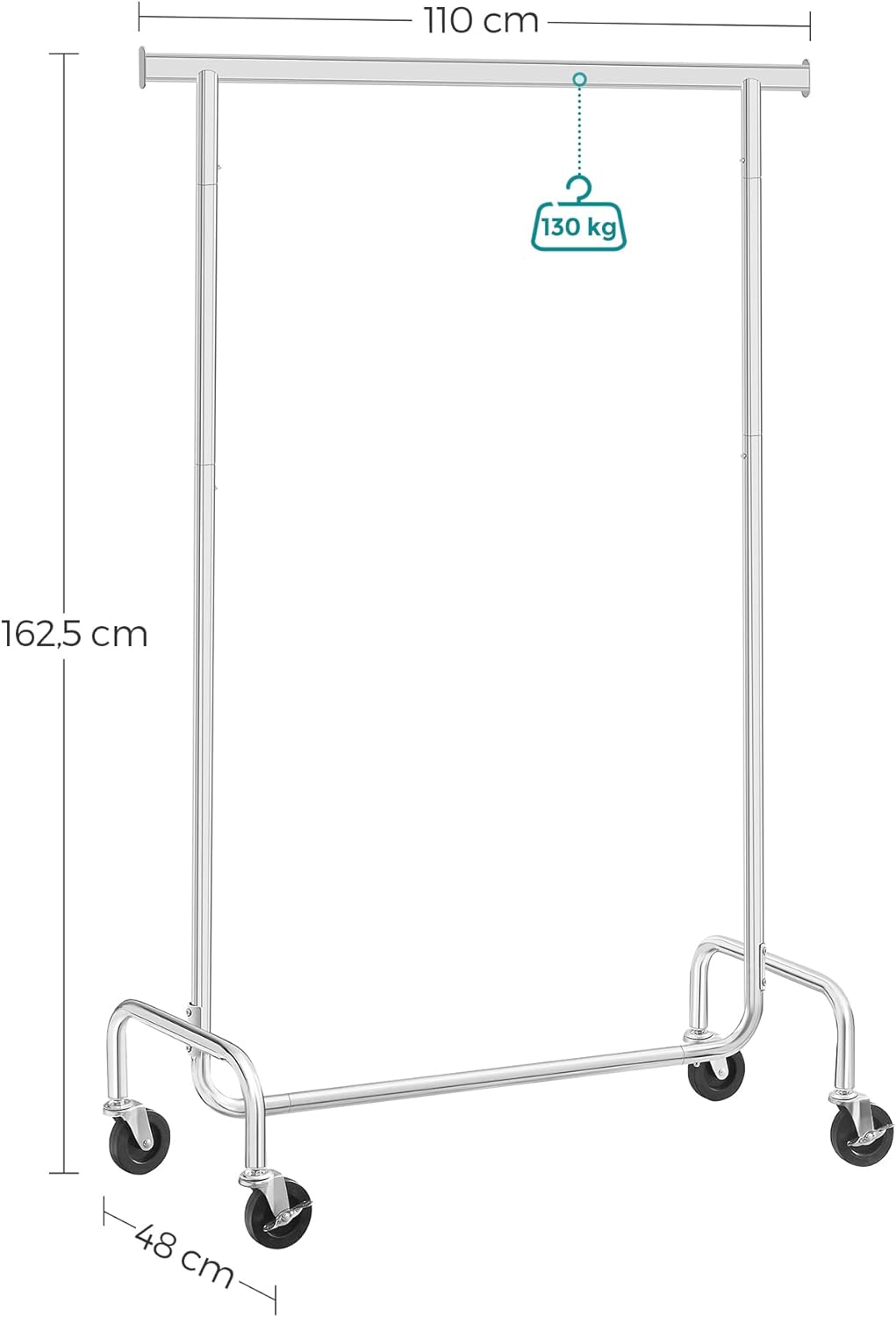 SONGMICS Suport pentru haine cu sina superioara, pe roti, 48x110x163cm, inox argintiu