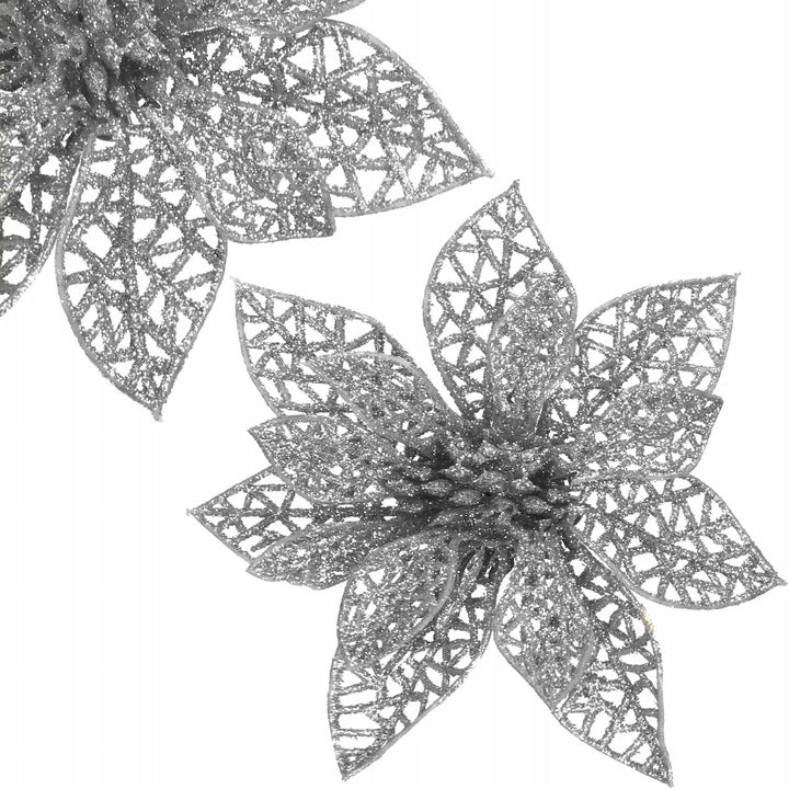 Set 10 ornamente pentru bradul de Craciun, stea Poinsettia, 10cm, argintiu