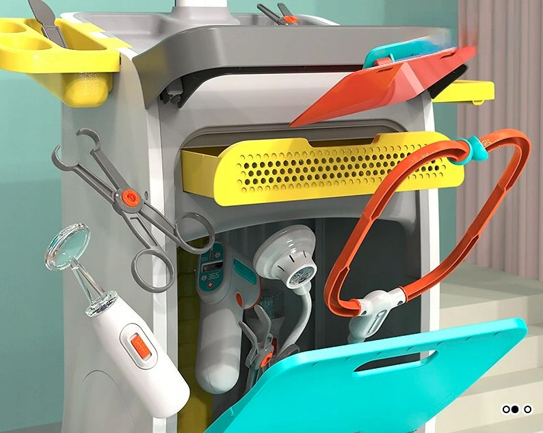 Set de joaca, carucior medical cu aparatura si instrumente, cu sunete si lumini