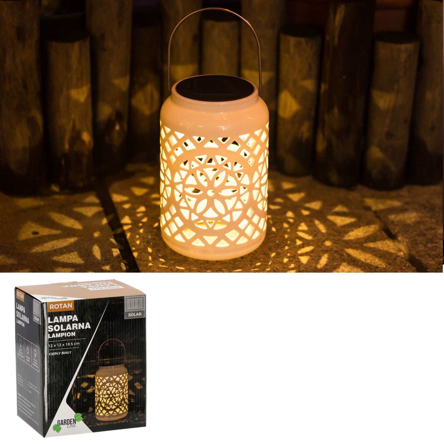 Felinar decorativ solar, LED, pentru exterior, 12x12x18.5cm, alb