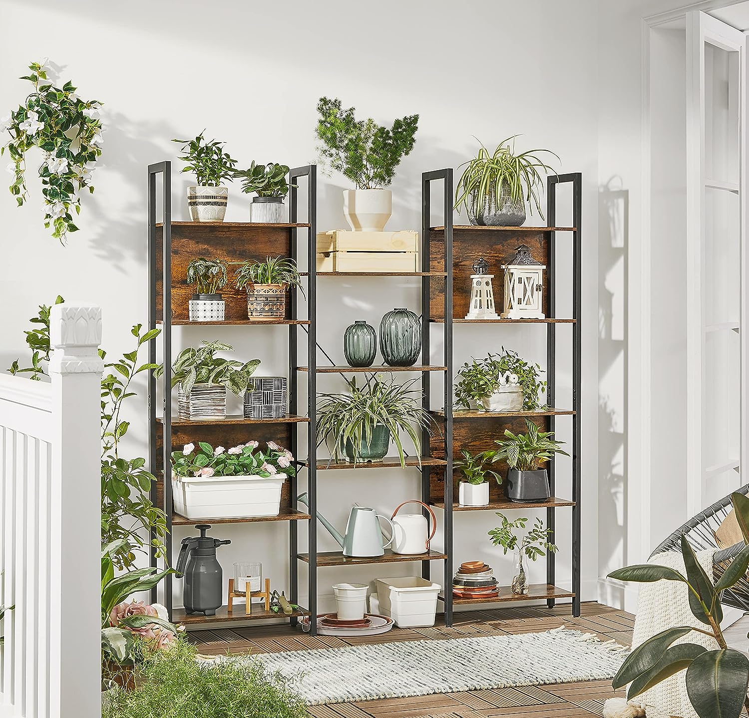 VASAGLE Biblioteca cu 14 rafturi din lemn, cadru metalic, 24x158x166cm, stil industrial, maro rustic si negru