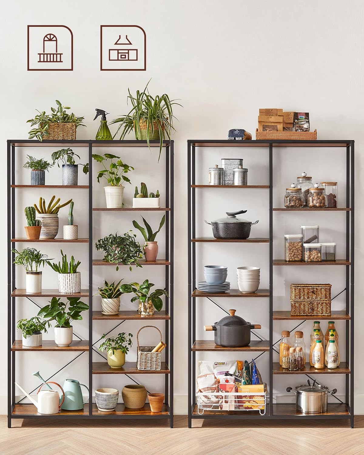 Biblioteca cu suport de depozitare pe 5 etaje, 30x100x170cm, stil industrial, maro rustic si negru
