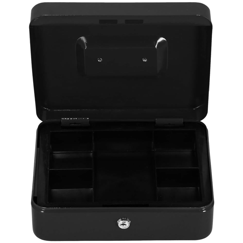 Caseta pentru bani tip cutie de valori, compartimentanta, cu cheie, metal, 25x20x9cm, negru