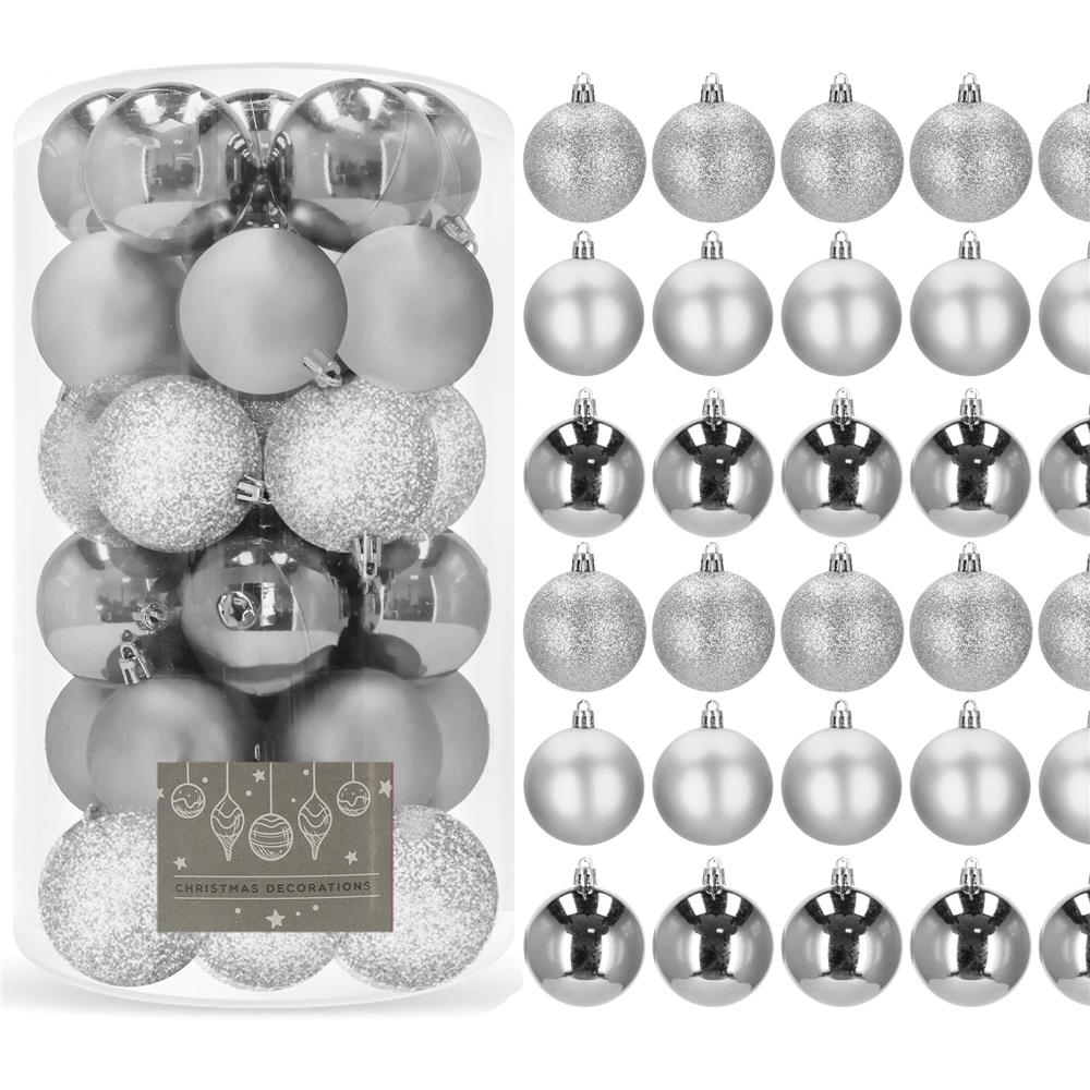 Set globuri de Craciun, 30 bucati, 3 modele, 6cm, argintiu