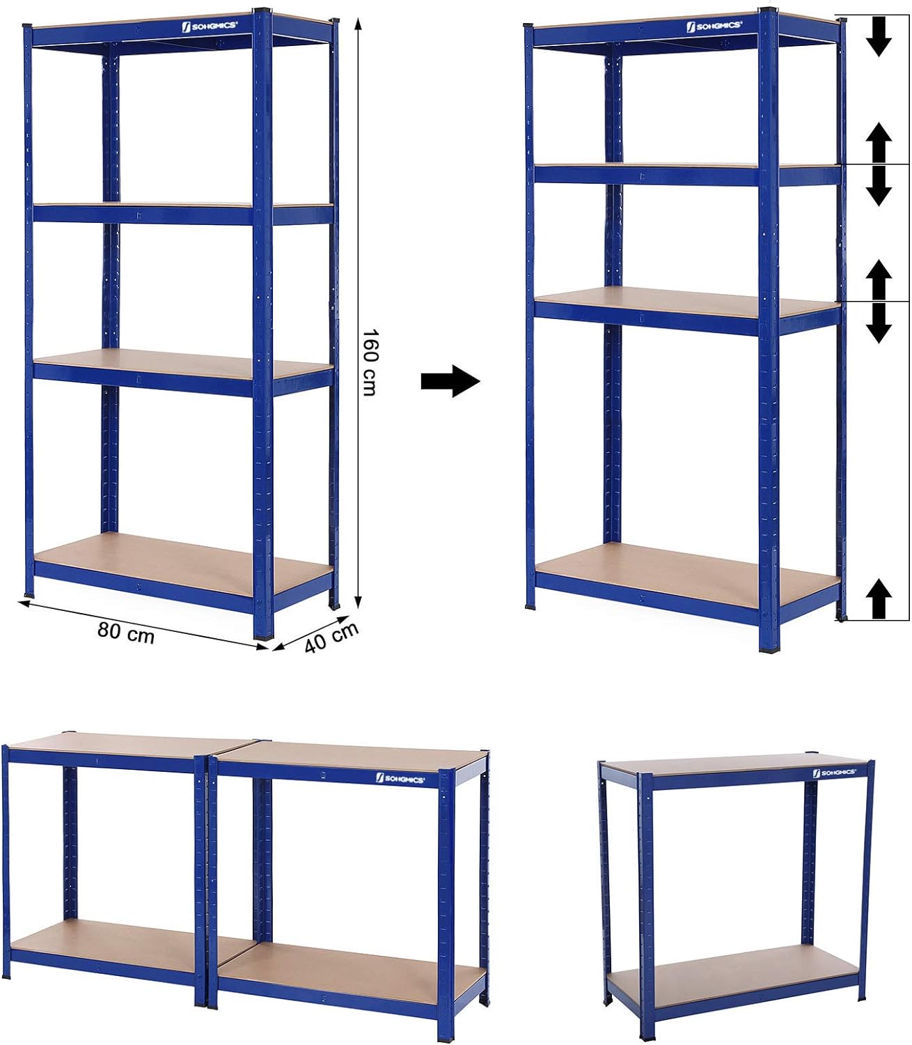 SONGMICS Raft cadru metalic modular pentru depozitare, 4 polite, 160x80x40cm, sarcina 520 kg, albastru
